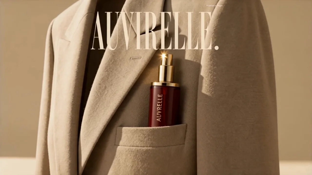 Auvirelle fragrance tucked into the breast pocket of an ivory tailored jacket