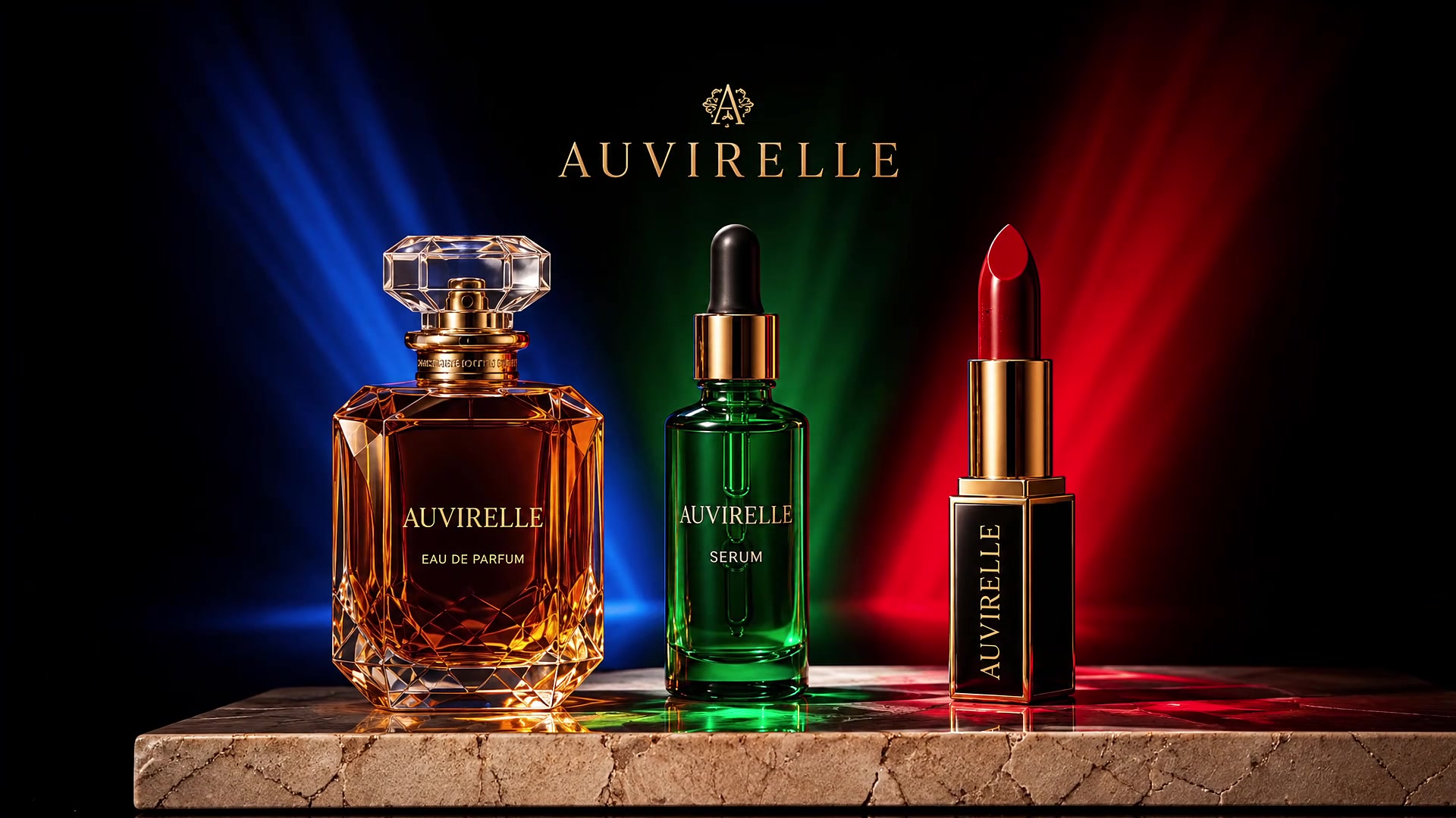 Amber fragrance, green serum and crimson lipstick presented as a connected product family