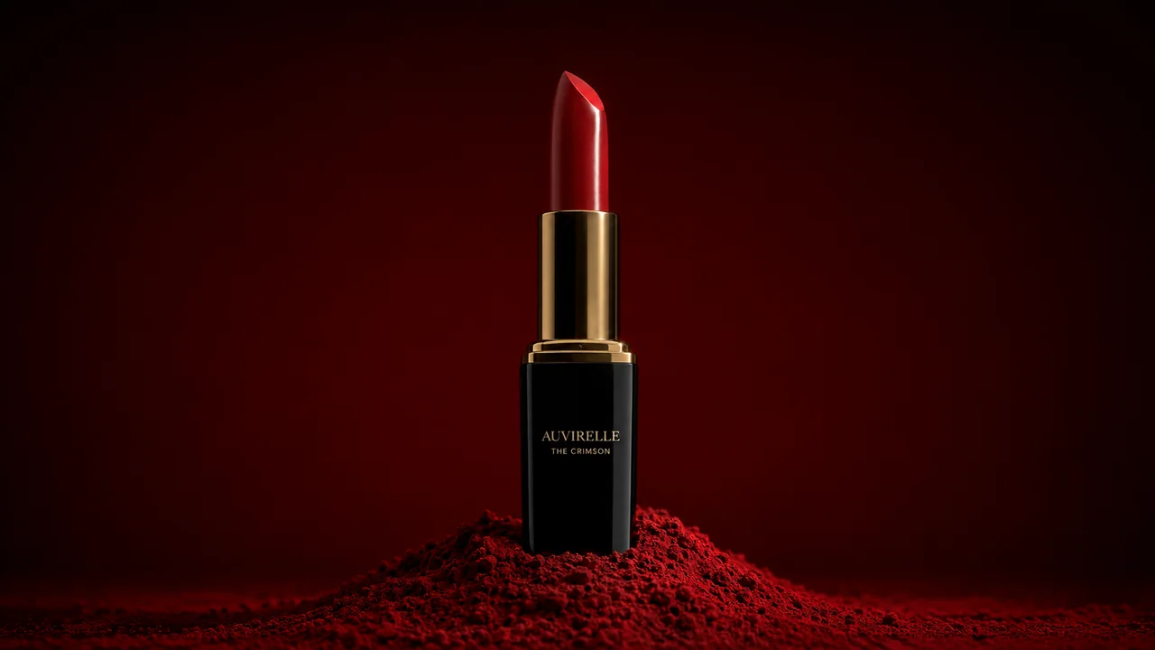 A crimson lipstick rising above a bed of red pigment
