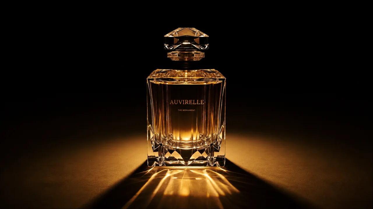 Faceted amber fragrance bottle casting golden light across a dark surface