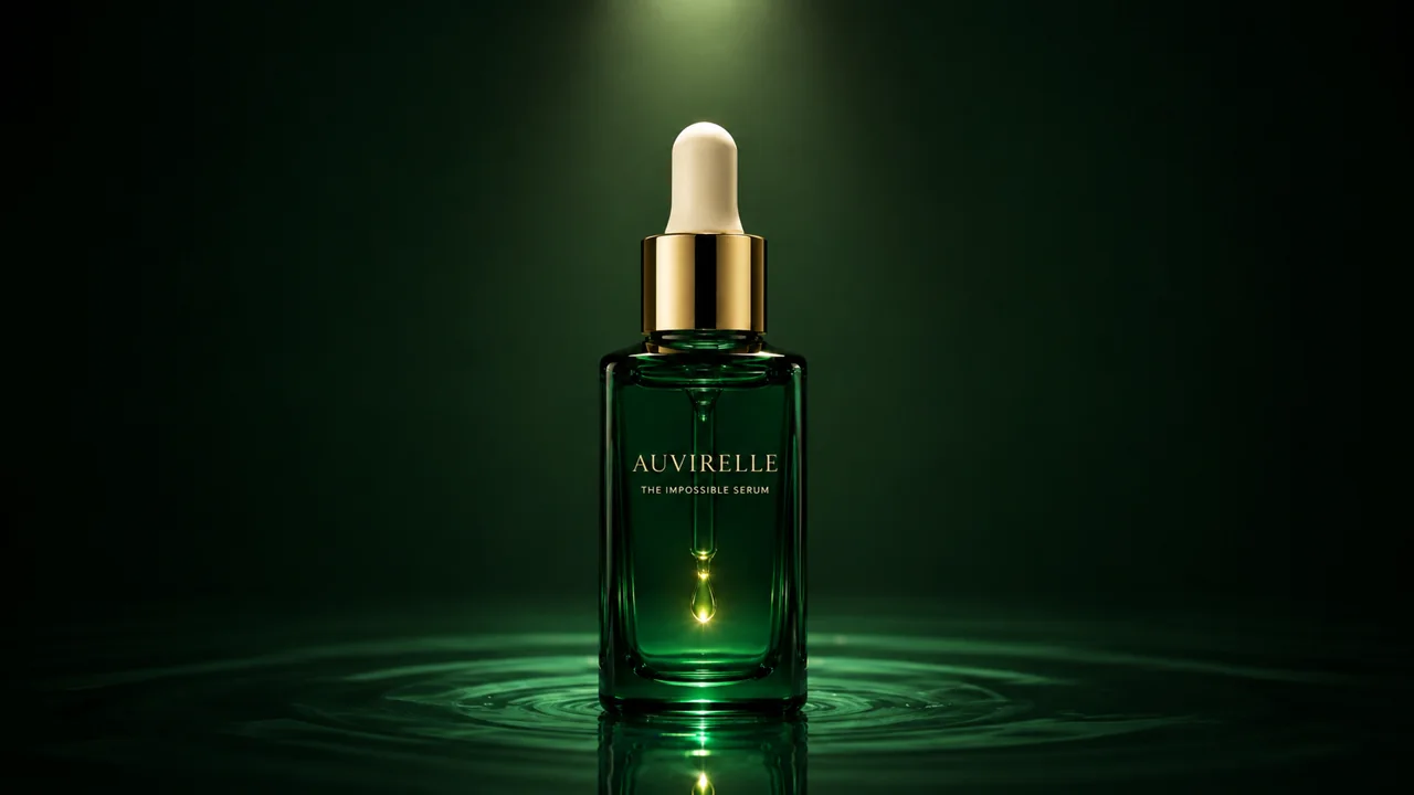 Green serum bottle surrounded by circular ripples of light