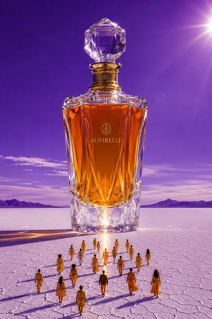 People approach a monumental amber fragrance bottle on a violet salt flat