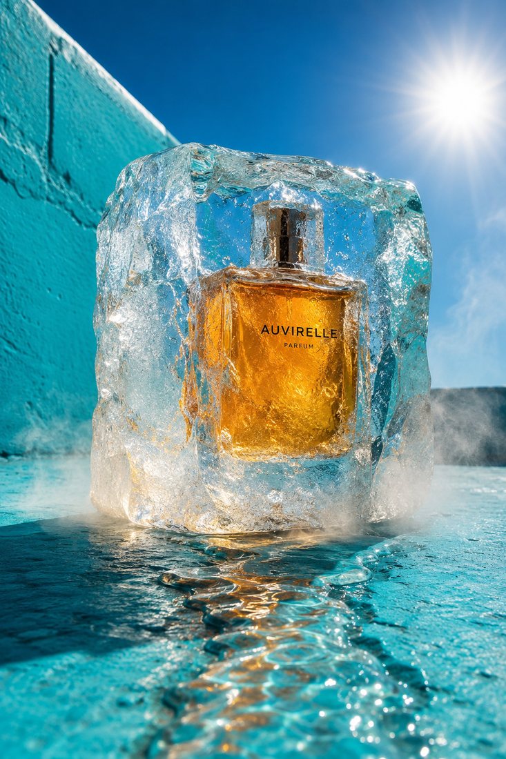 Amber fragrance bottle encased in melting ice on turquoise concrete