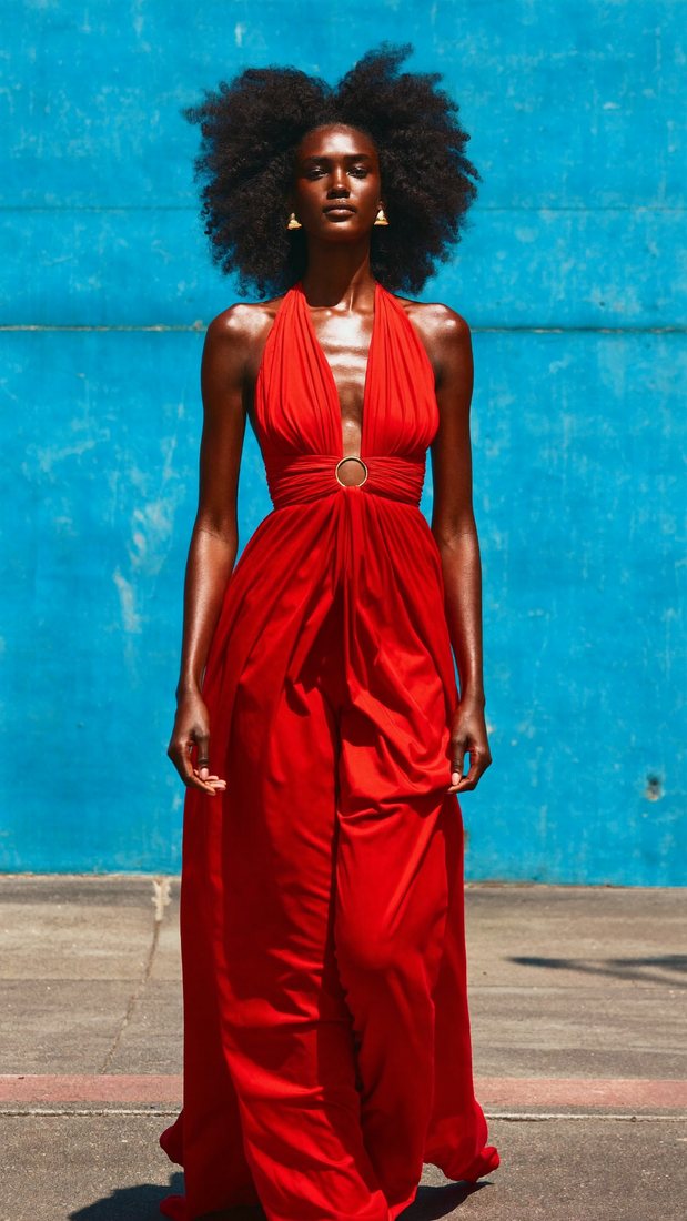 Scarlet silk and a cyan wall extend the red product palette into fashion
