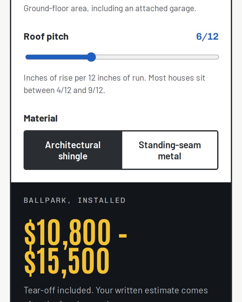 The roof price estimator on a phone