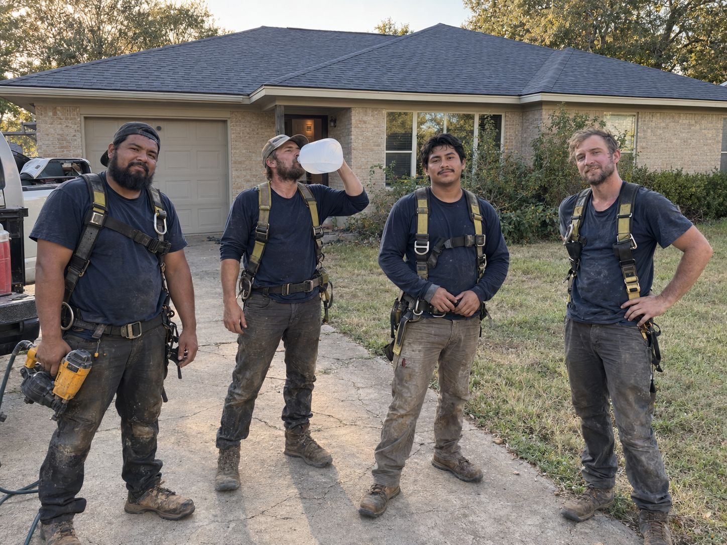 Four-person roofing crew in harnesses standing in front of a finished house