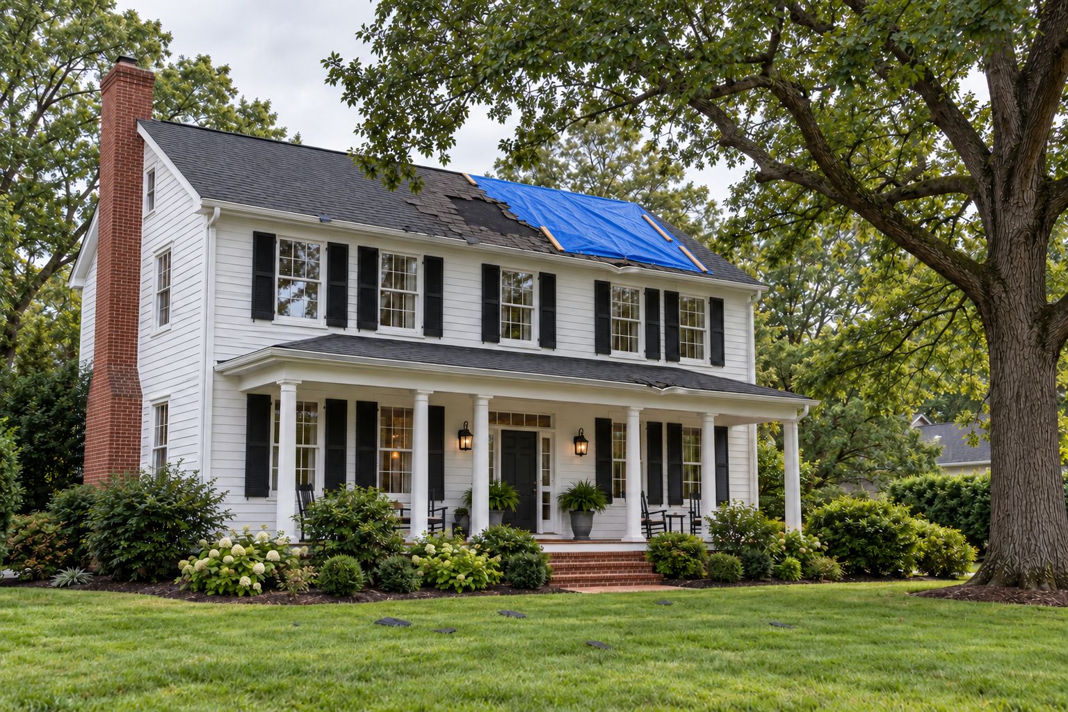 Two-story white house with storm-damaged shingles and a blue tarp on the roof