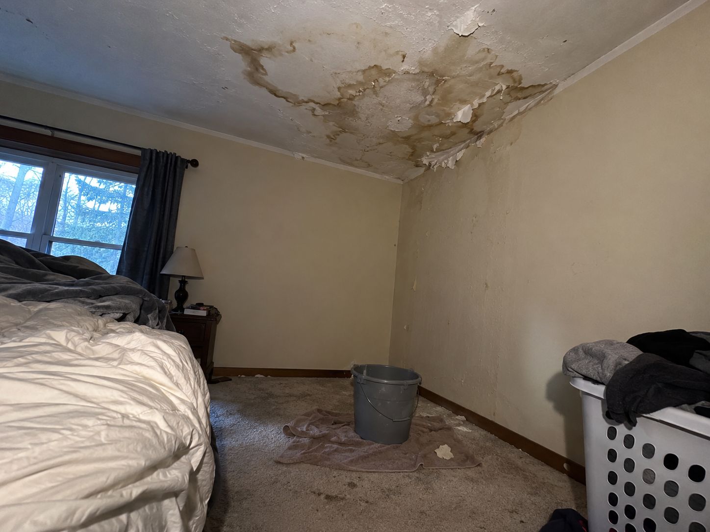 Bedroom ceiling with a large brown water stain and peeling paint, bucket on the floor